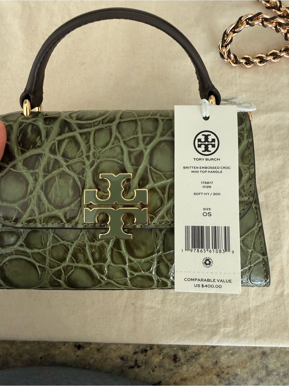 New TORY BURCH BRITTEN EMBOSSED CROC MINI TOP HANDLE 175817 0126 SOFT IVY - Picture 5 of 6
